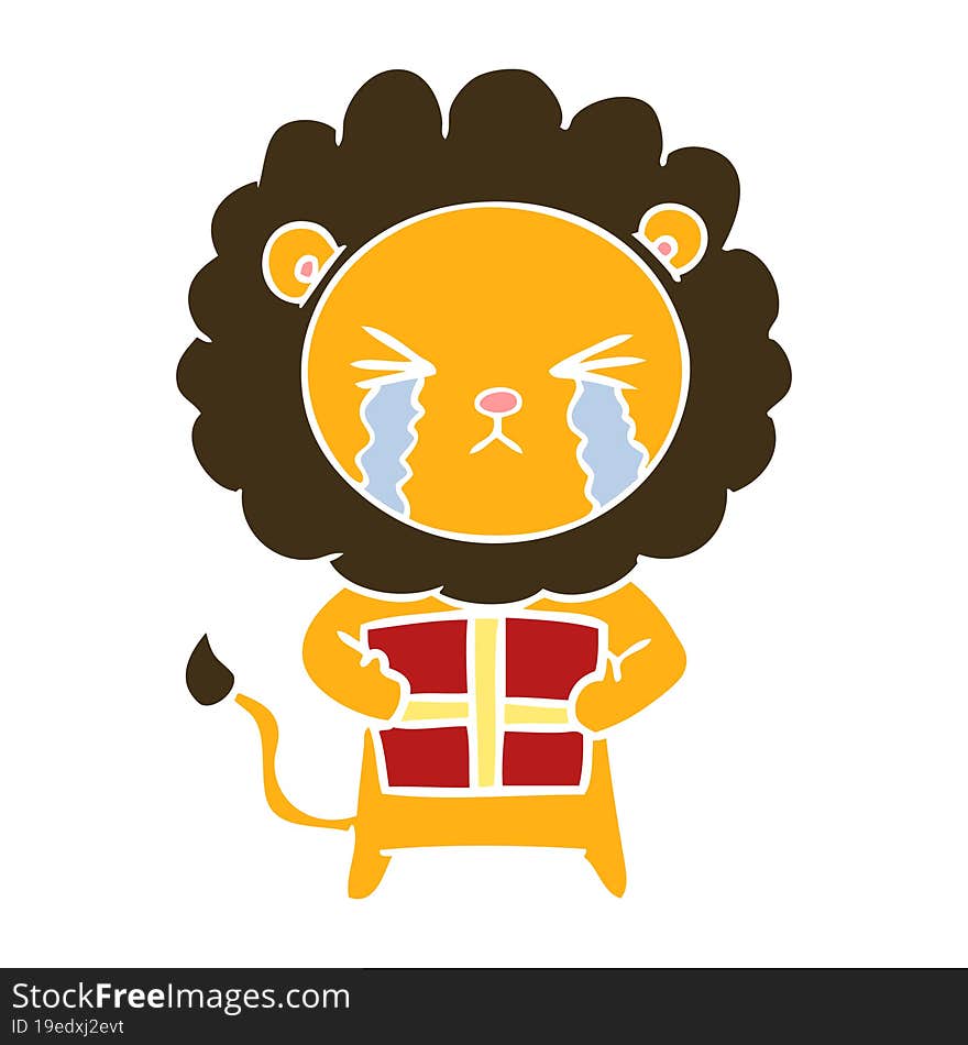 flat color style cartoon crying lion with gift