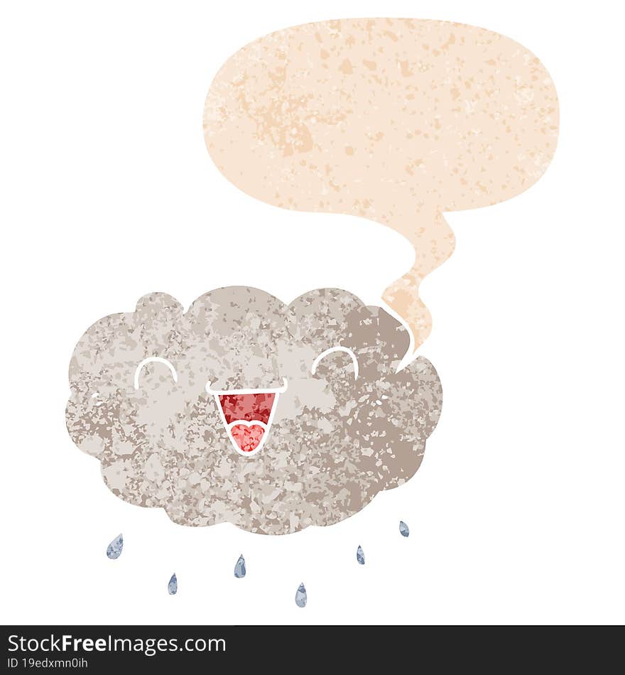 happy cartoon cloud and speech bubble in retro textured style