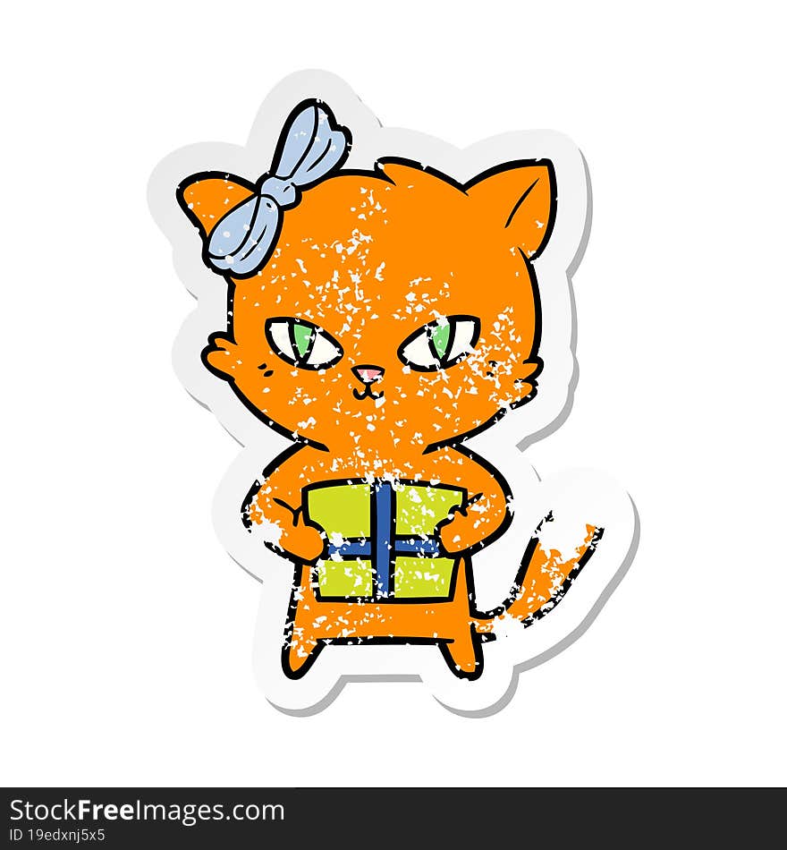 Distressed Sticker Of A Cute Cartoon Cat With Present