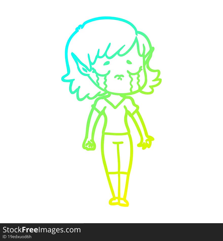 cold gradient line drawing crying cartoon elf girl