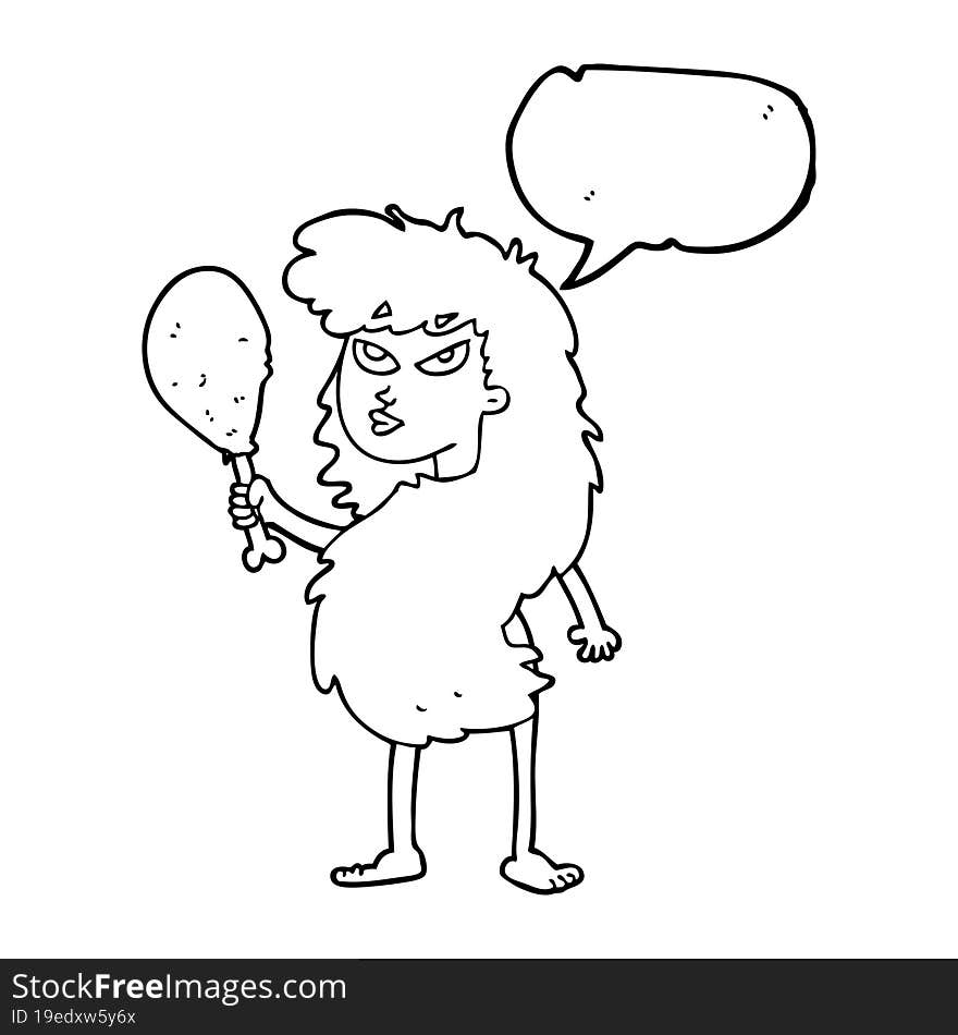 freehand drawn speech bubble cartoon cavewoman with meat