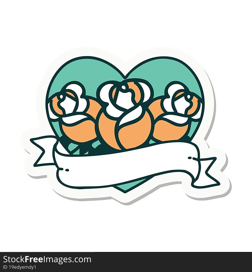 sticker of tattoo in traditional style of a heart and banner with flowers. sticker of tattoo in traditional style of a heart and banner with flowers