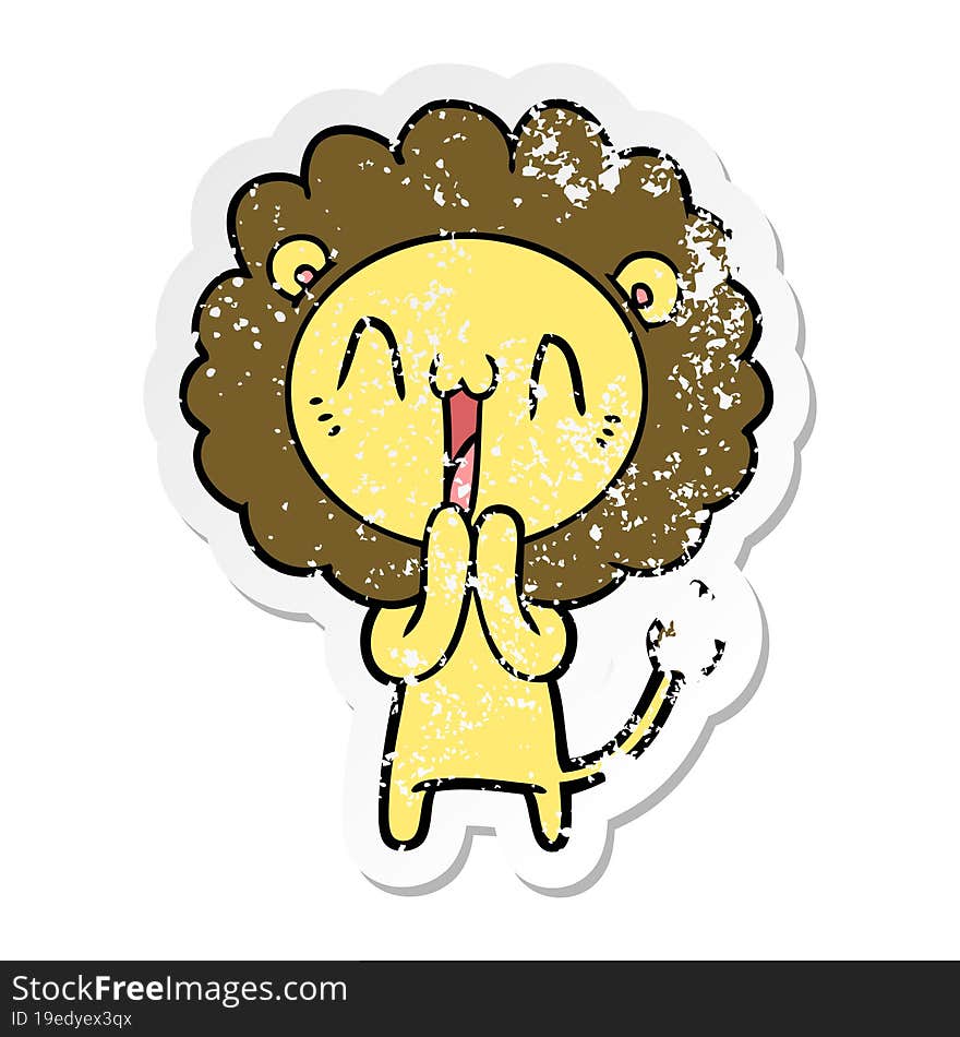 distressed sticker of a happy cartoon lion