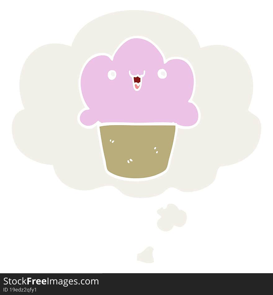 cartoon cupcake with face with thought bubble in retro style