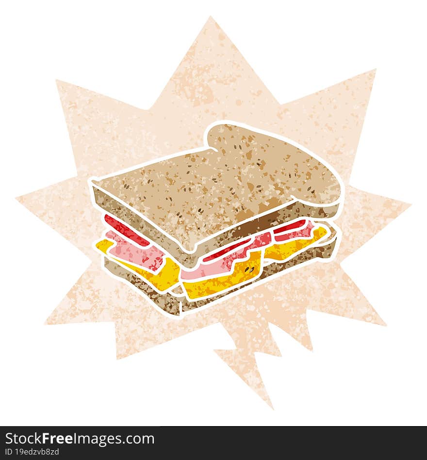 cartoon ham sandwich and speech bubble in retro textured style