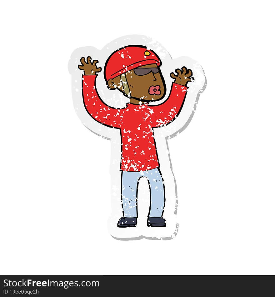 retro distressed sticker of a cartoon security man panicking