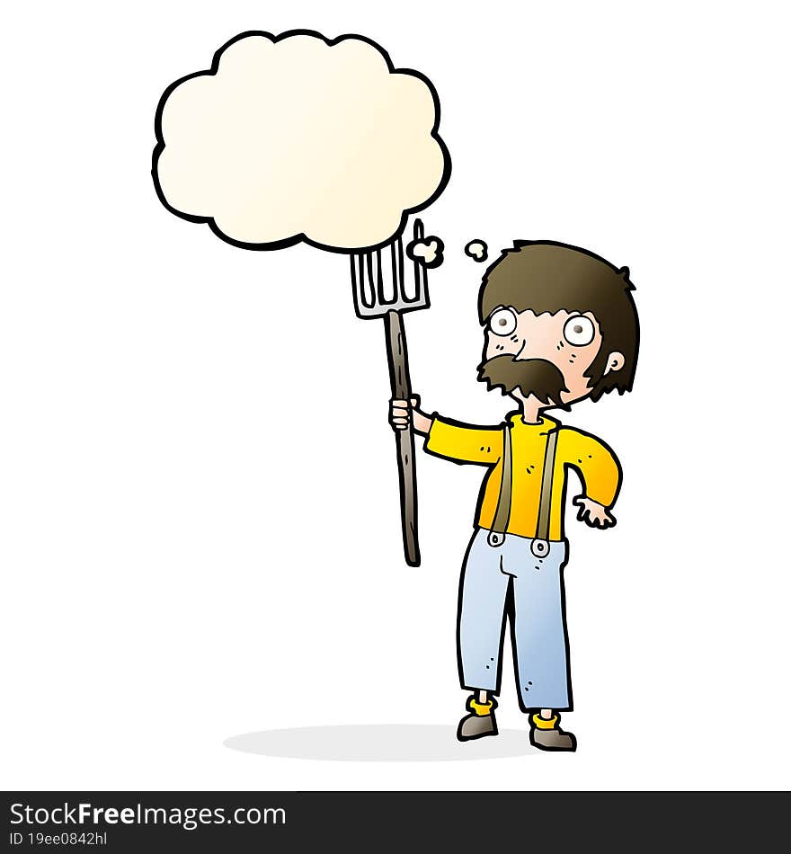 cartoon farmer with pitchfork with thought bubble