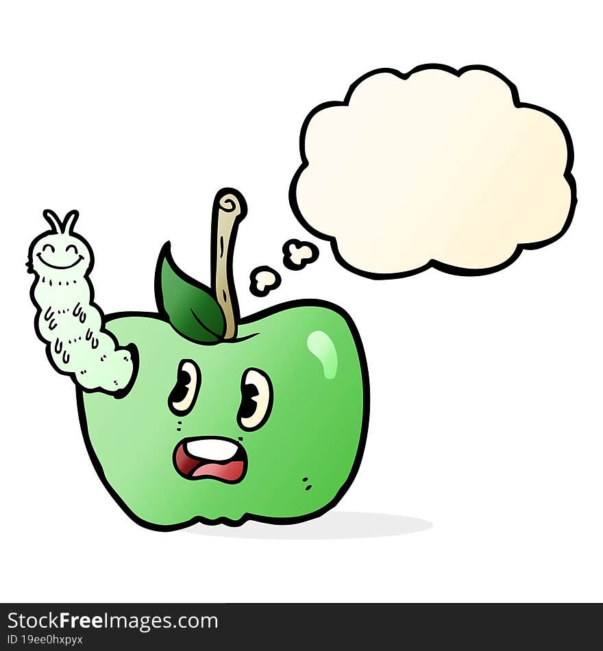 cartoon apple with bug with thought bubble