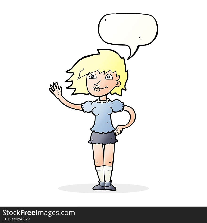 cartoon woman waving with speech bubble