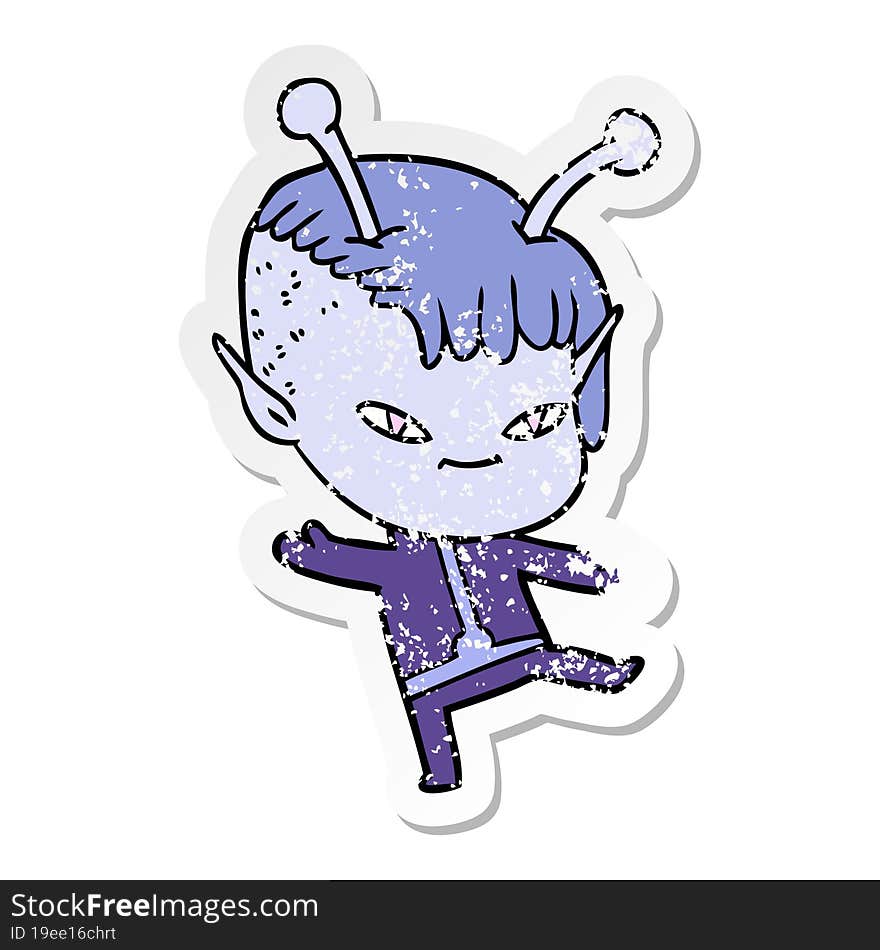 distressed sticker of a cute cartoon alien girl