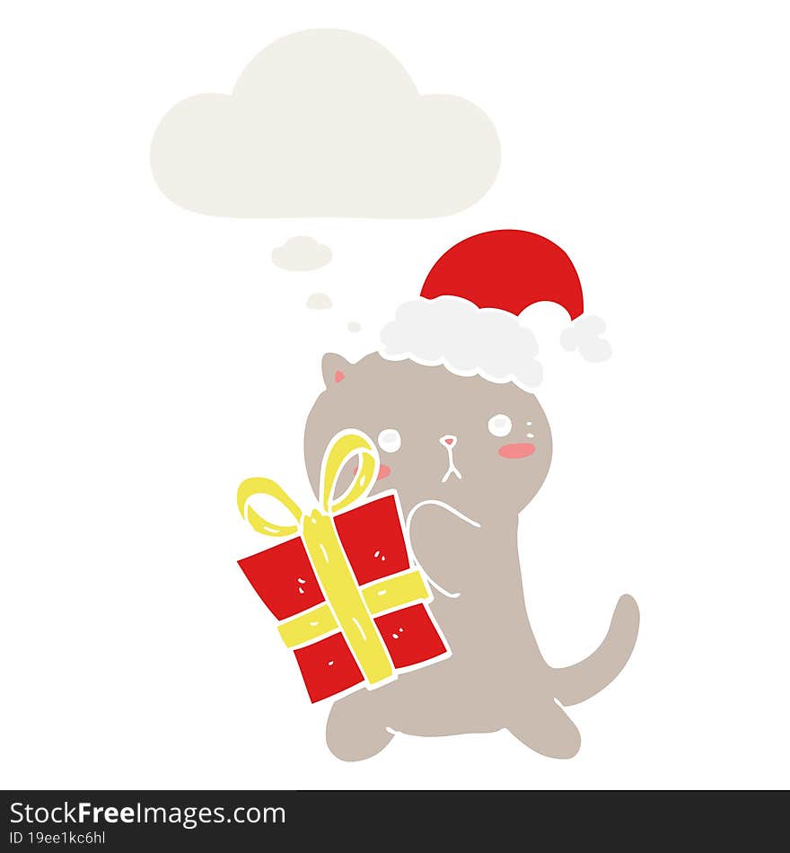 cute cartoon cat carrying christmas present and thought bubble in retro style