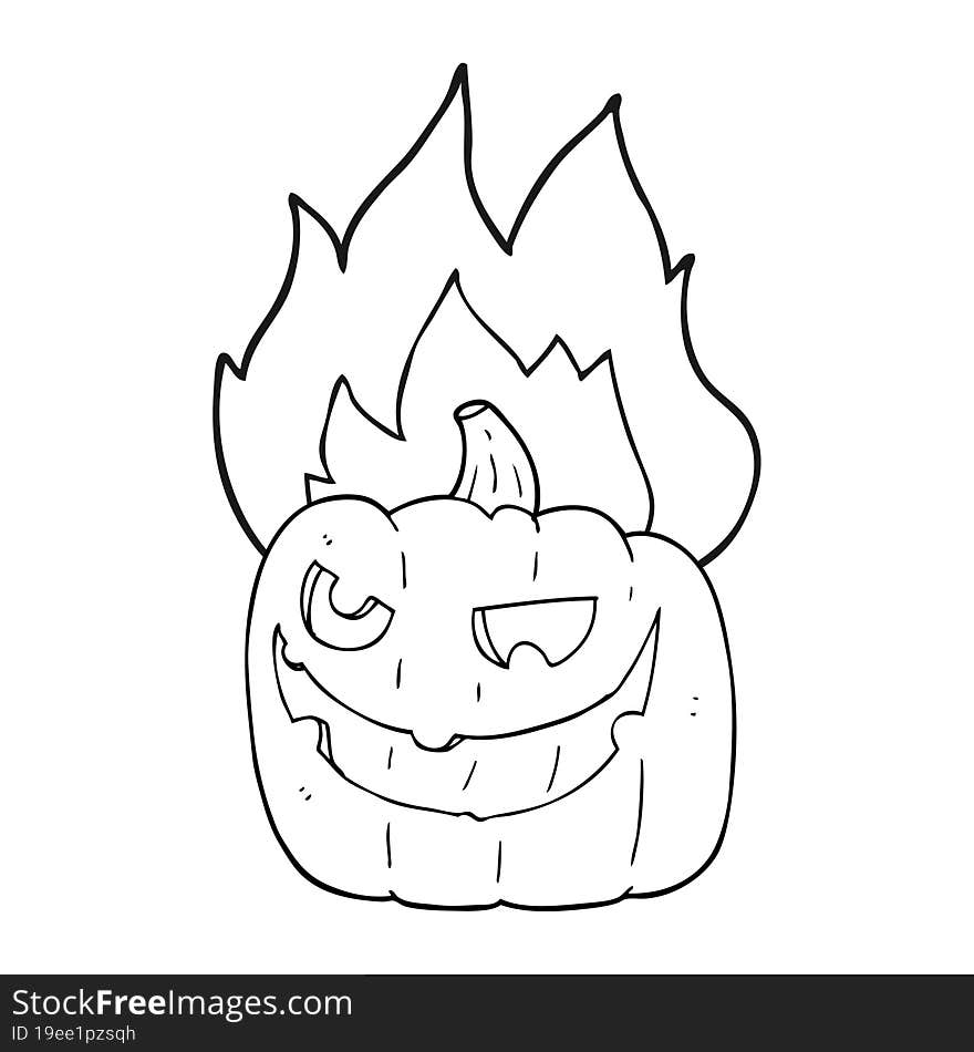 black and white cartoon flaming halloween pumpkin