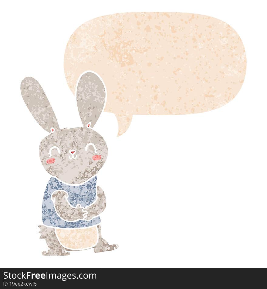 cute cartoon rabbit and speech bubble in retro textured style