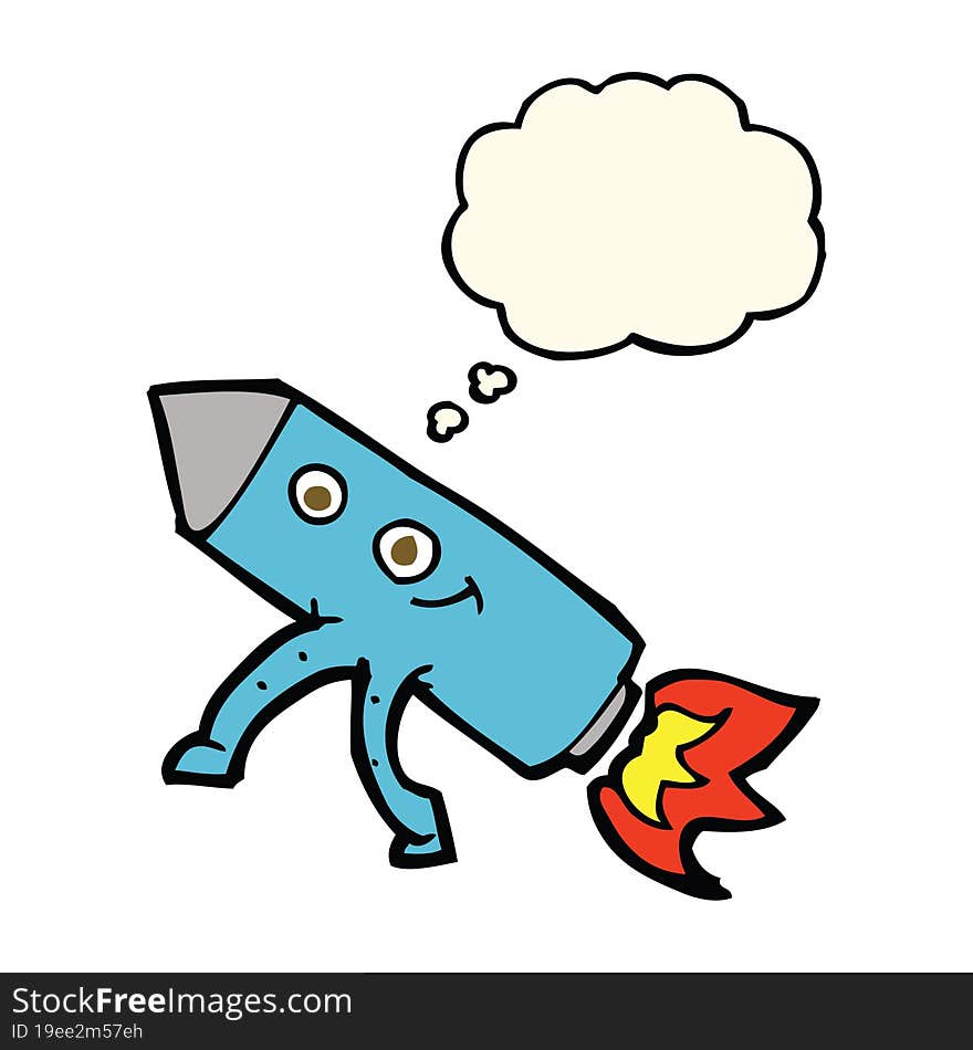 cartoon happy rocket with thought bubble