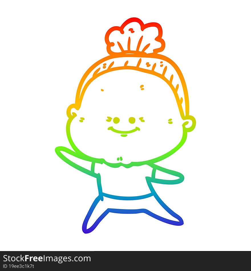 rainbow gradient line drawing of a cartoon happy old woman