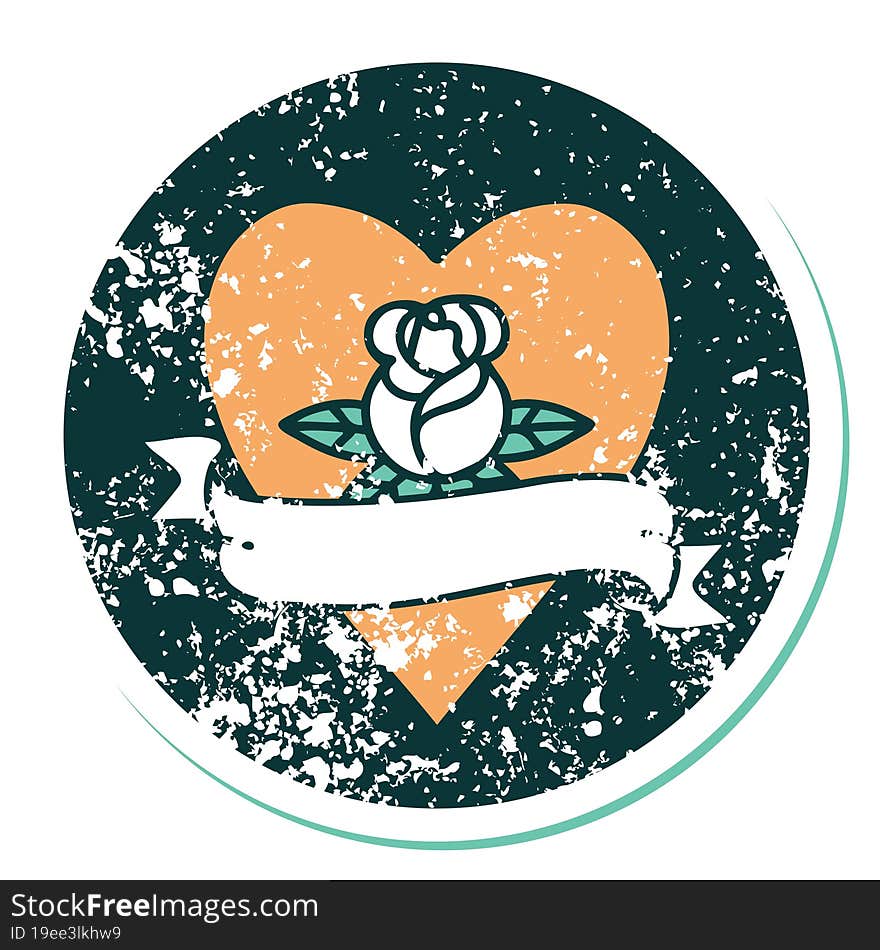 distressed sticker tattoo style icon of a heart rose and banner