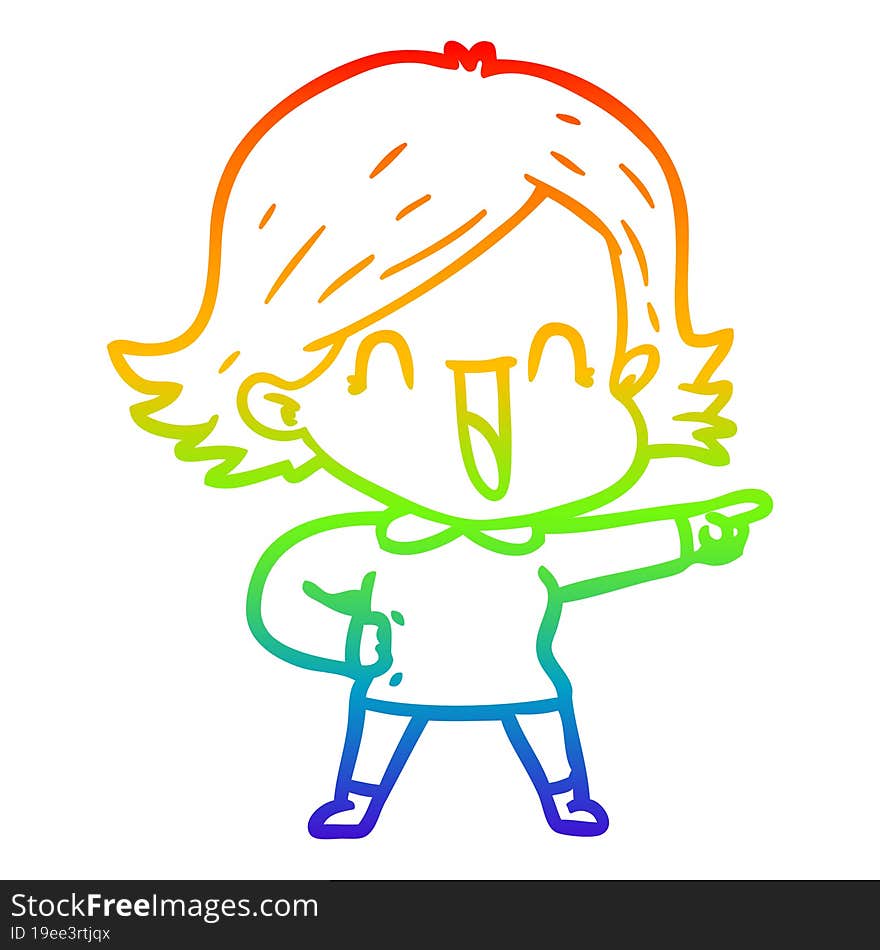 rainbow gradient line drawing of a cartoon laughing woman pointing