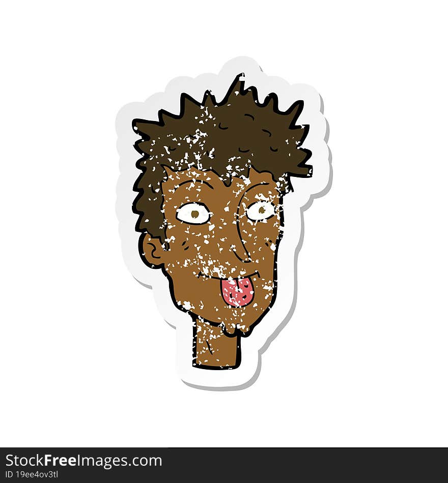 retro distressed sticker of a cartoon man sticking out tongue