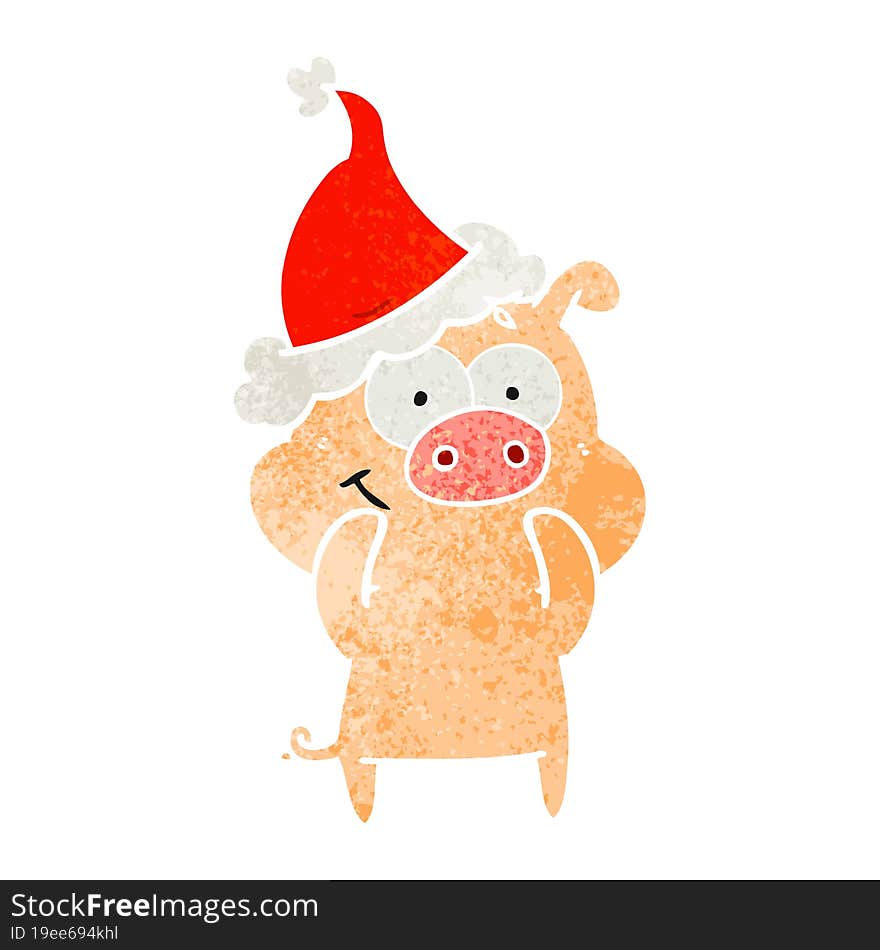 happy retro cartoon of a pig wearing santa hat