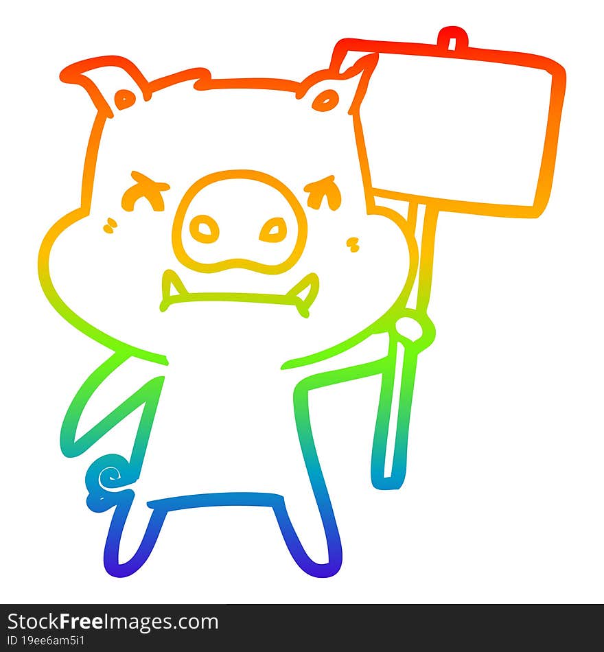 rainbow gradient line drawing of a angry cartoon pig protesting