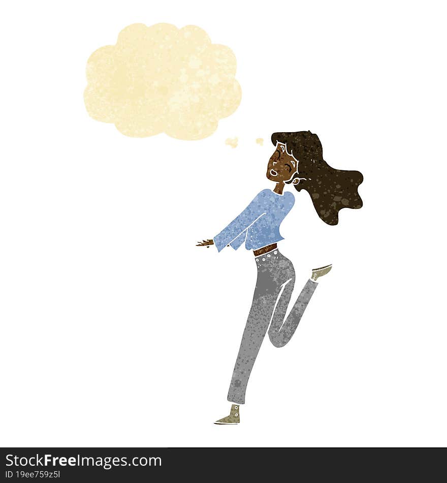 cartoon happy girl kicking out leg with thought bubble