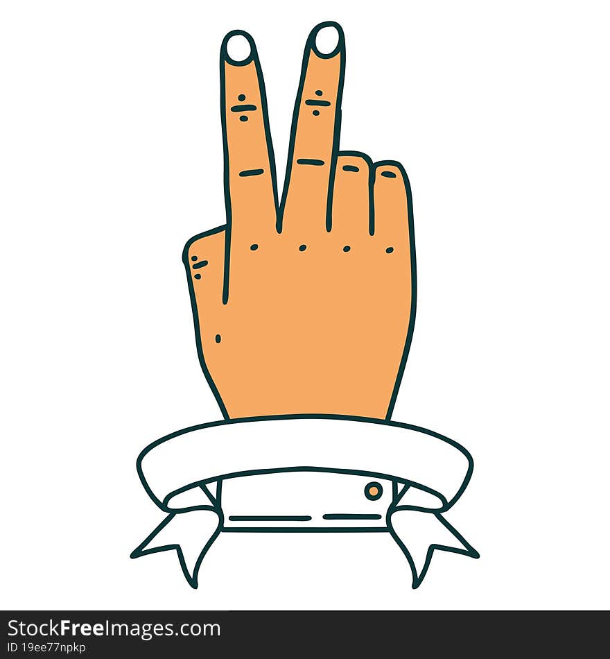 Retro Tattoo Style victory v hand gesture with banner. Retro Tattoo Style victory v hand gesture with banner