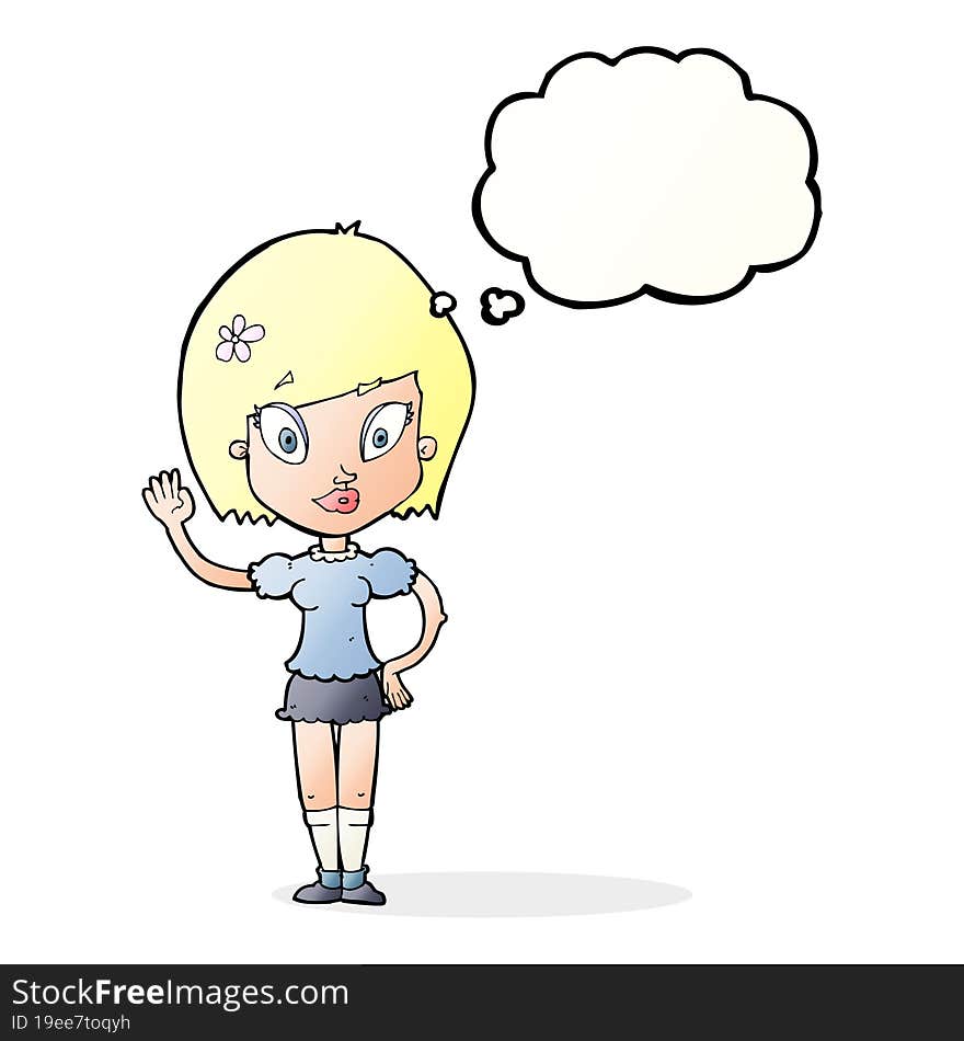 cartoon pretty girl waving with thought bubble