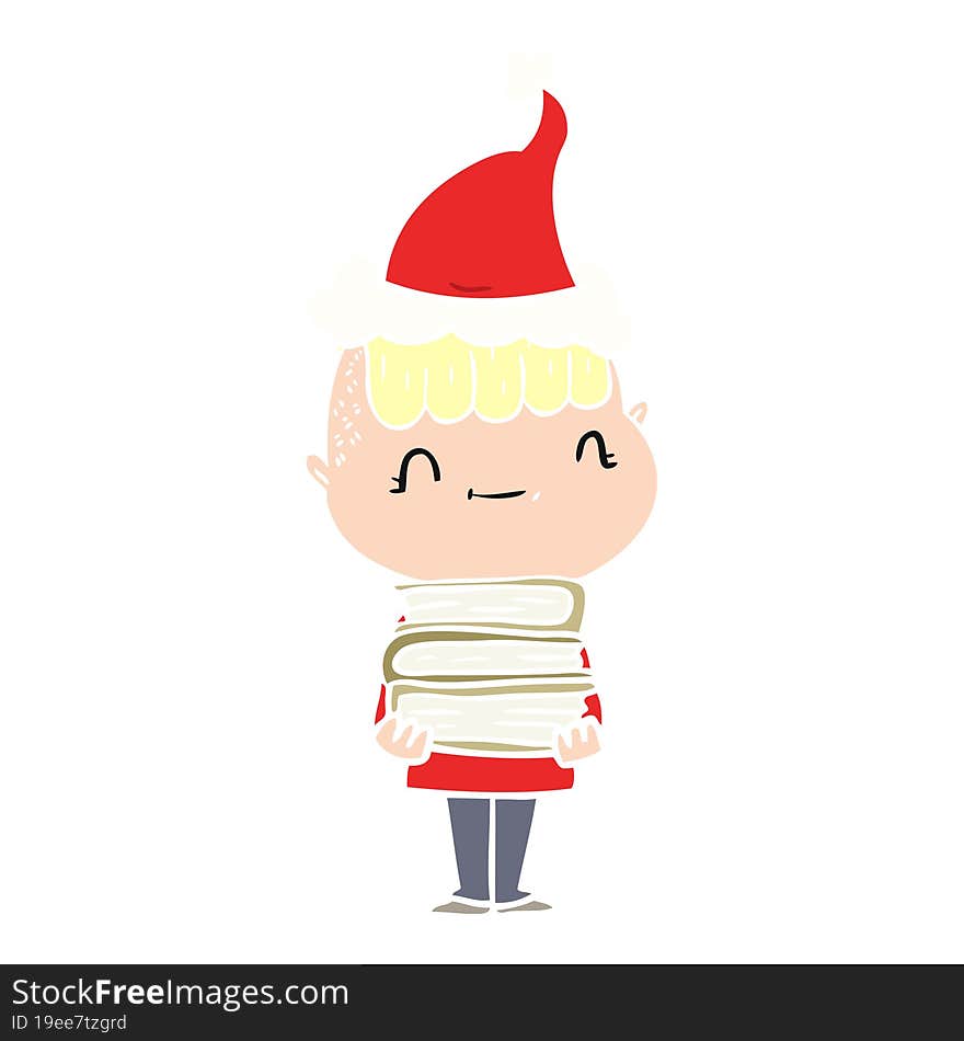 flat color illustration of a friendly boy with books wearing santa hat