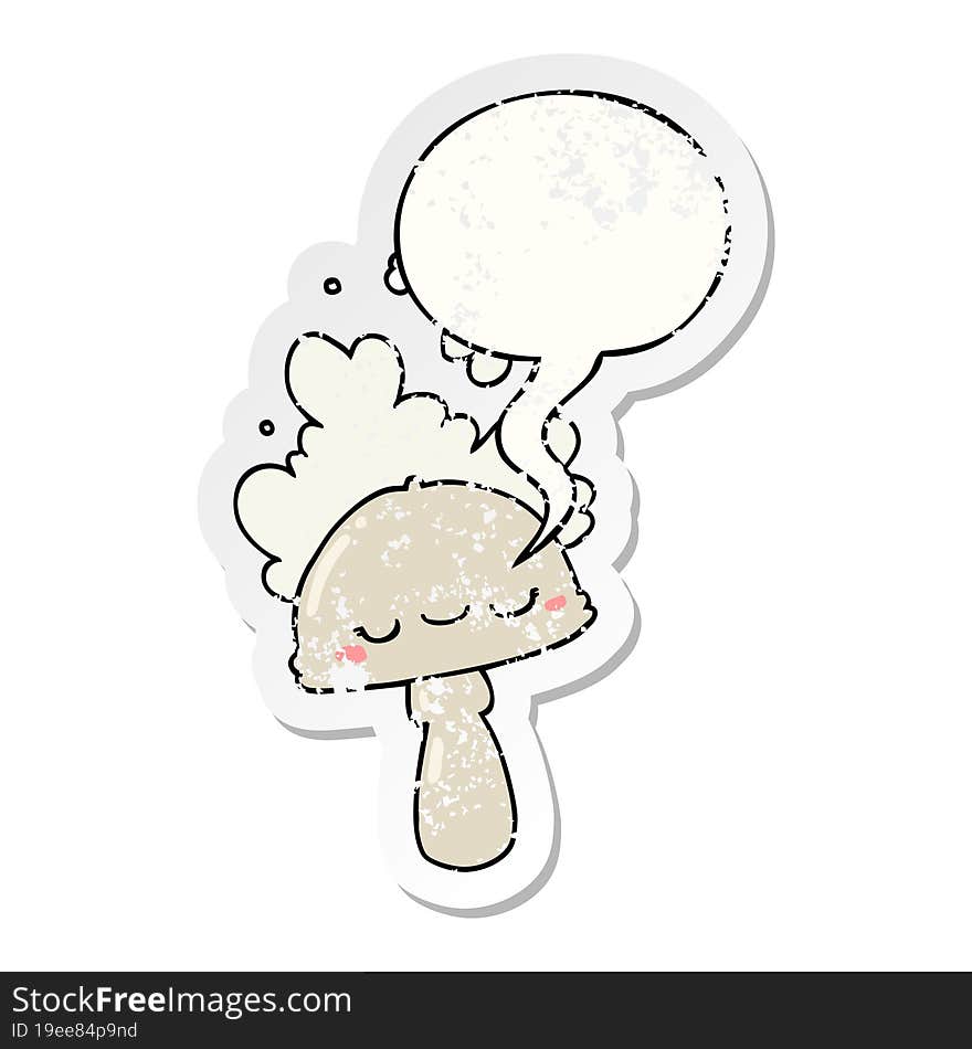 cartoon mushroom with spoor cloud with speech bubble distressed distressed old sticker. cartoon mushroom with spoor cloud with speech bubble distressed distressed old sticker