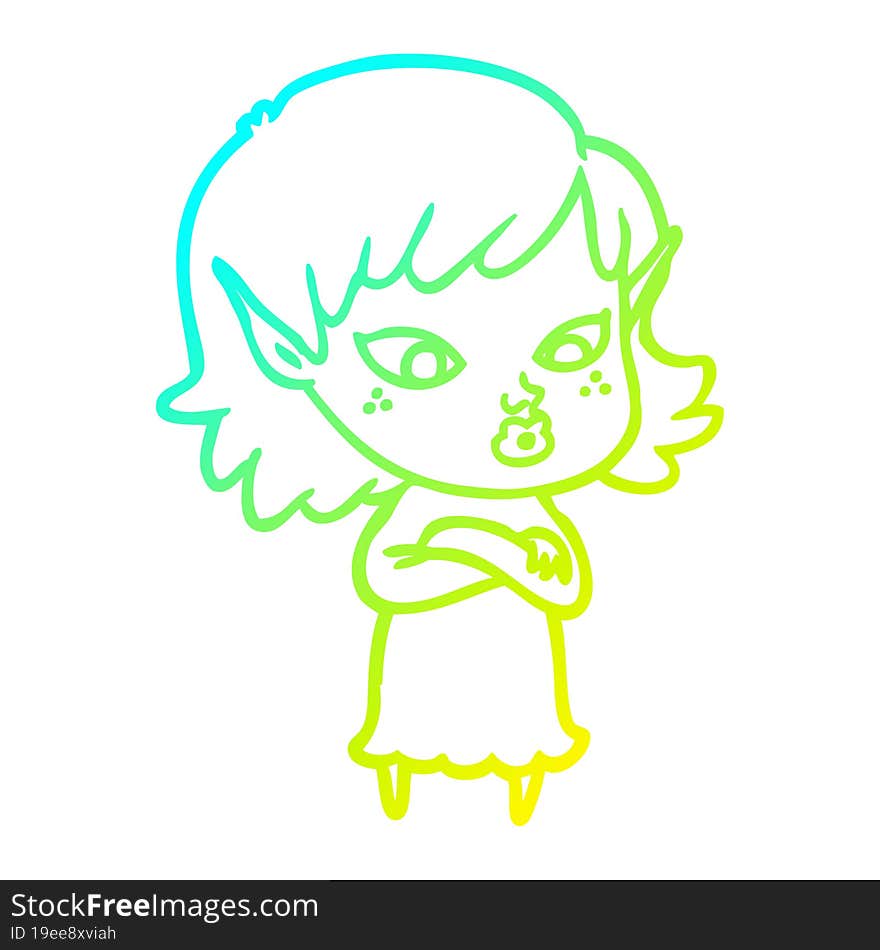 cold gradient line drawing of a pretty cartoon elf girl