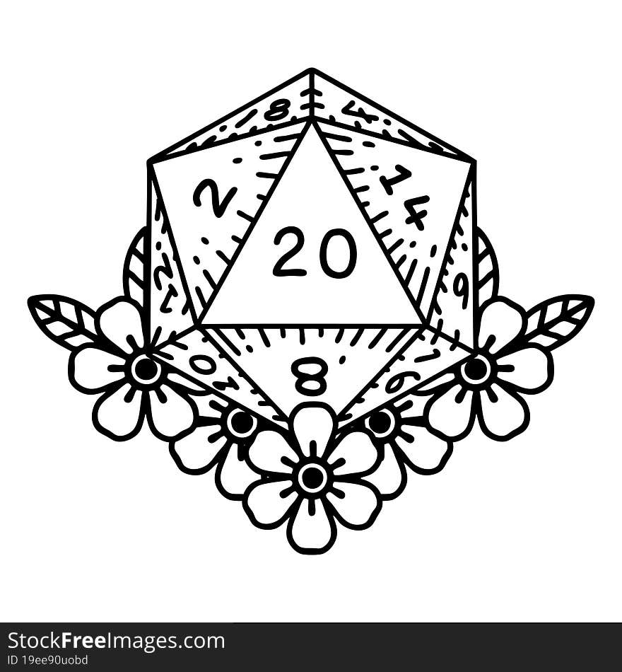 Black and White Tattoo linework Style natural 20 D20 dice roll with floral elements. Black and White Tattoo linework Style natural 20 D20 dice roll with floral elements