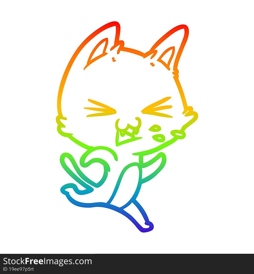 rainbow gradient line drawing of a cartoon cat hissing