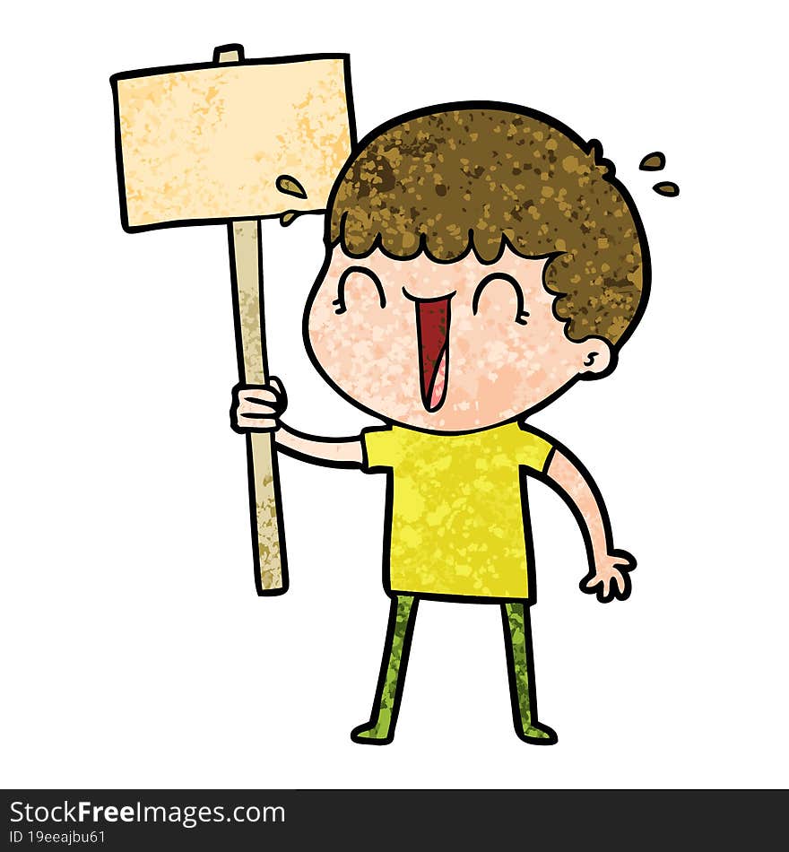 laughing cartoon man waving placard. laughing cartoon man waving placard