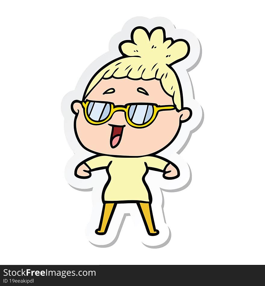 sticker of a cartoon happy woman wearing spectacles