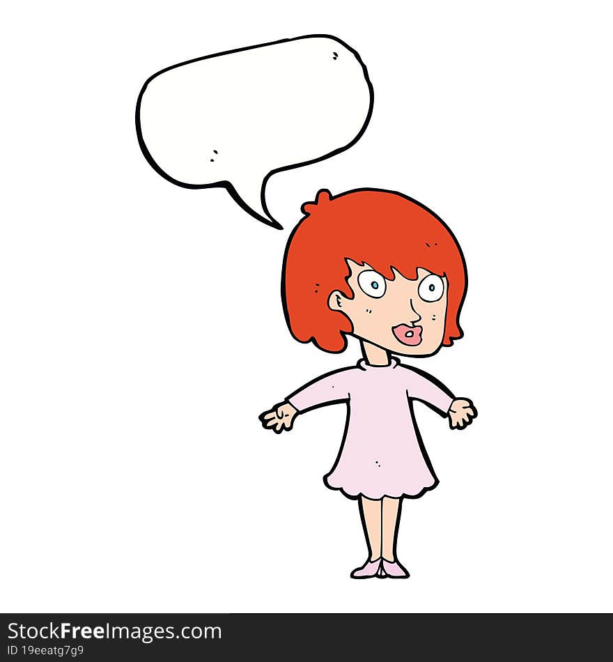 cartoon woman wearing dress with speech bubble