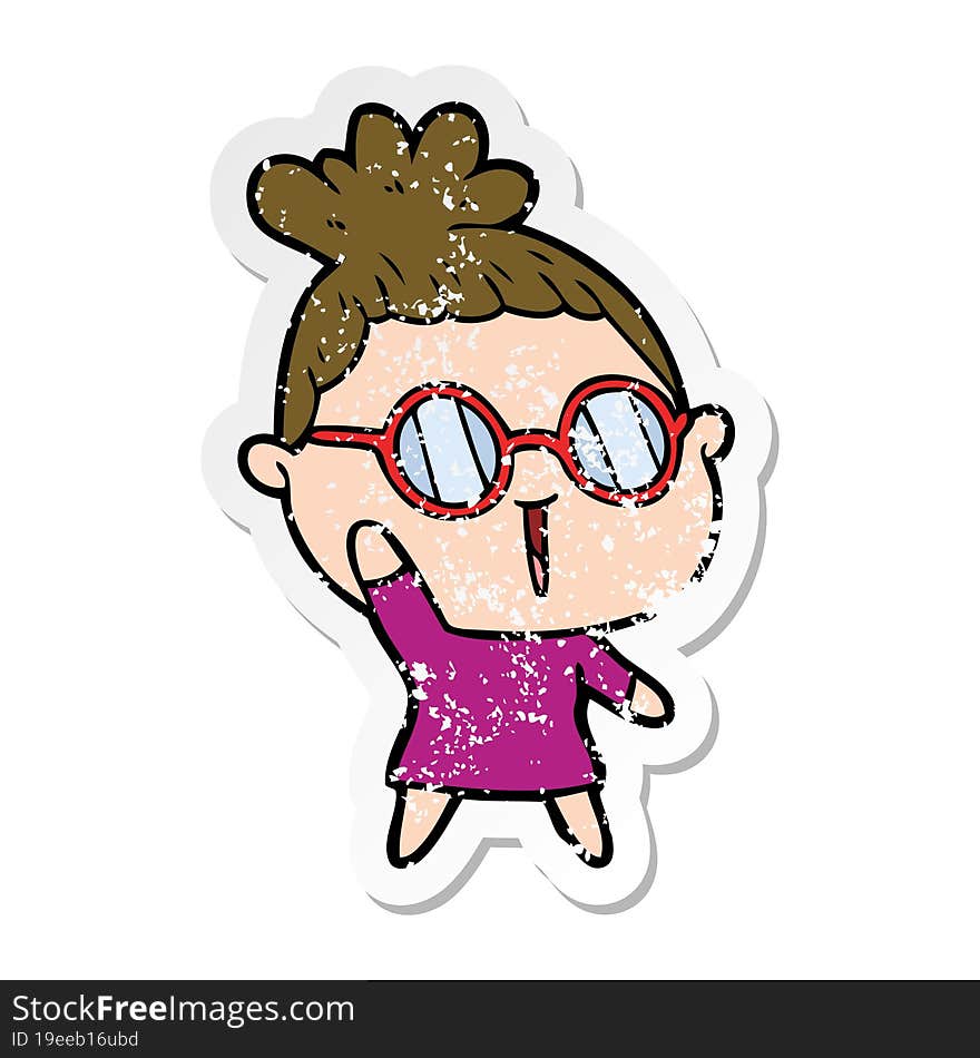 distressed sticker of a cartoon woman wearing spectacles