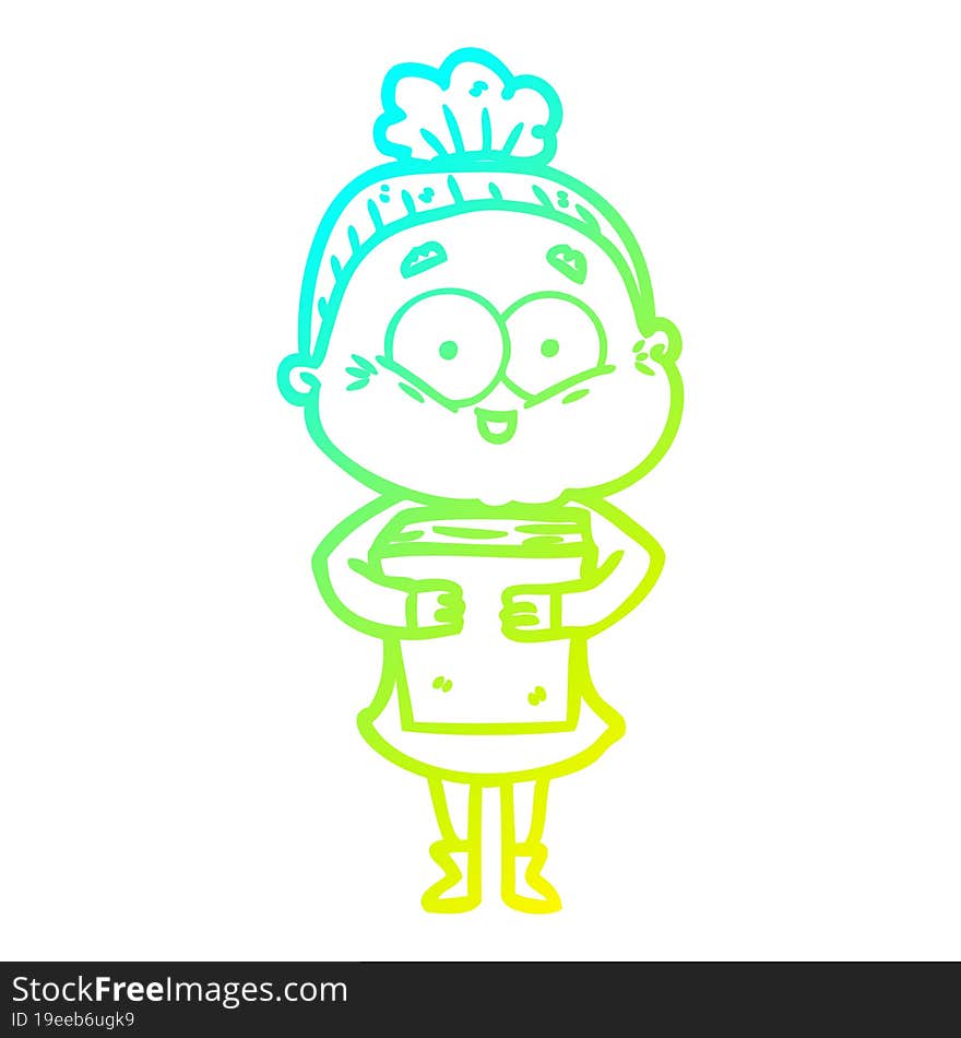 cold gradient line drawing of a cartoon happy old woman