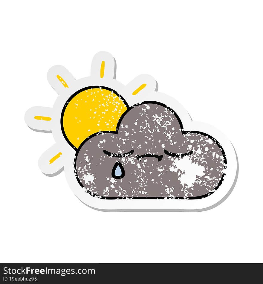 distressed sticker of a cute cartoon storm cloud and sun