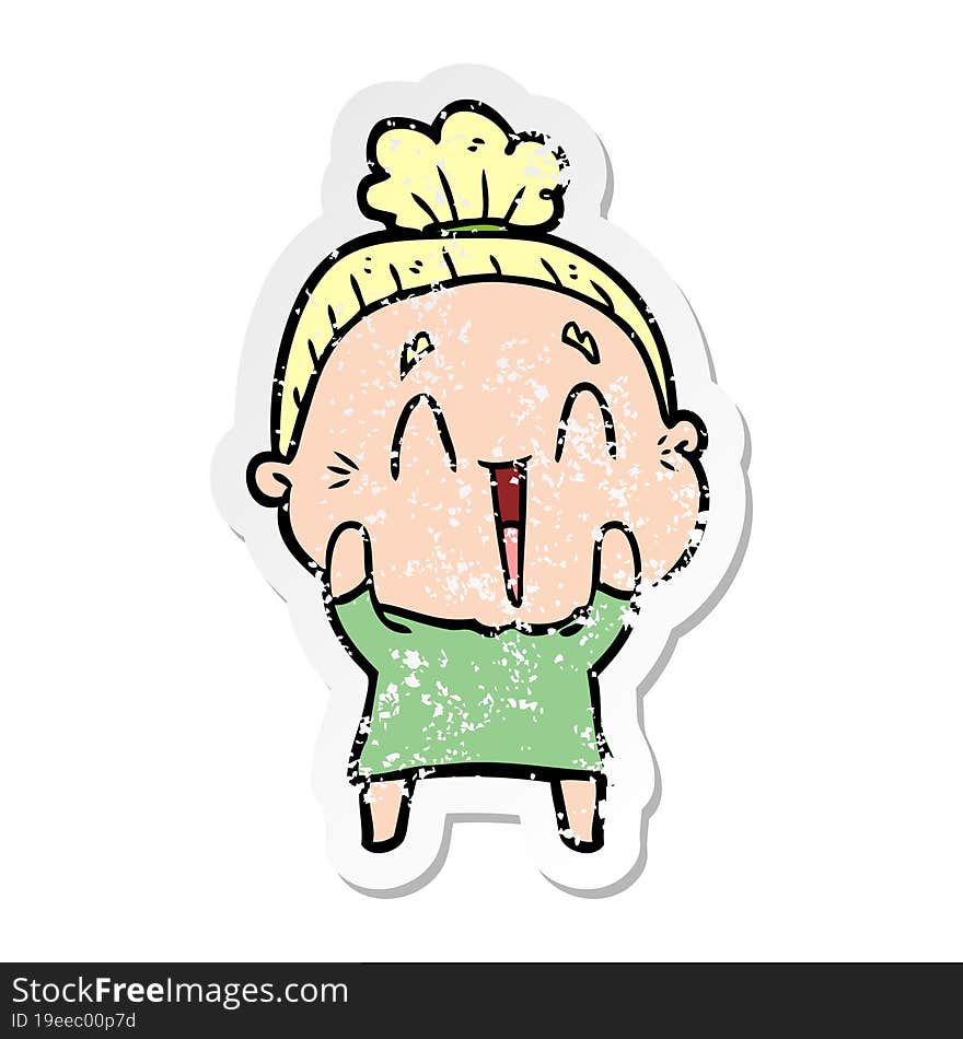 Distressed Sticker Of A Cartoon Happy Old Lady