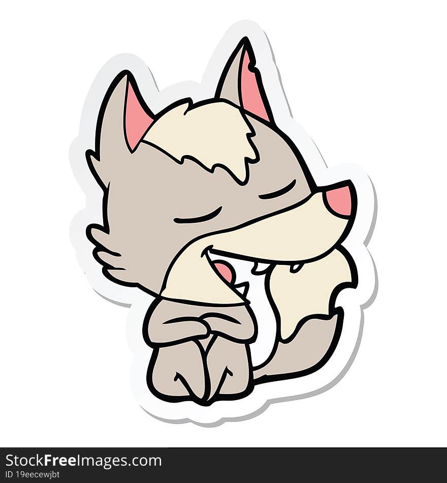 sticker of a cartoon wolf sitting laughing