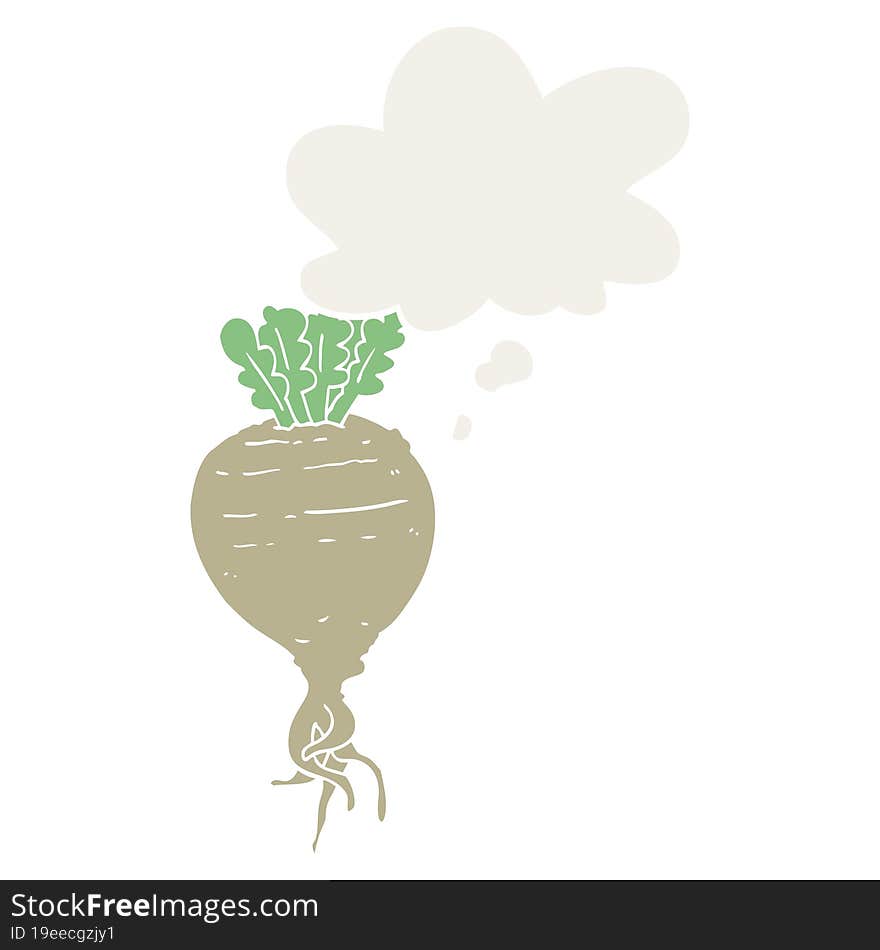 cartoon root vegetable with thought bubble in retro style