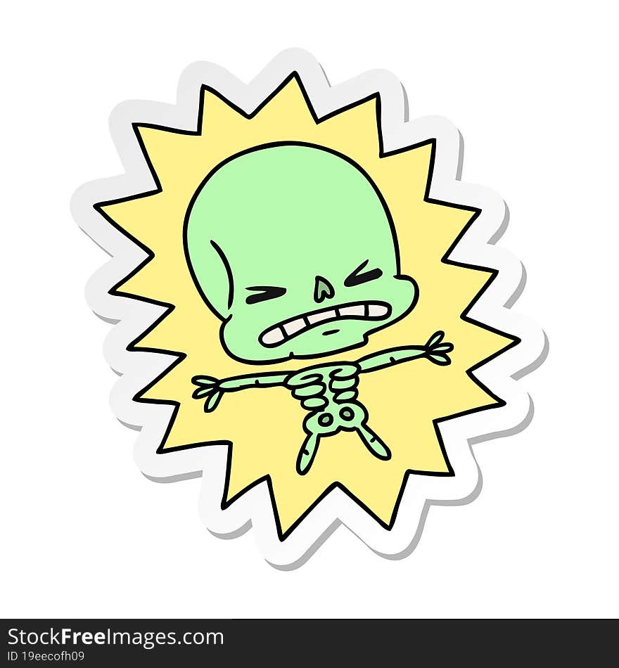 freehand drawn sticker cartoon of a scary skeleton