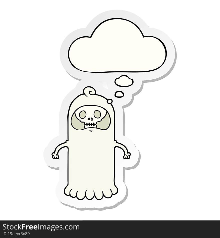 cartoon spooky skull ghost with thought bubble as a printed sticker