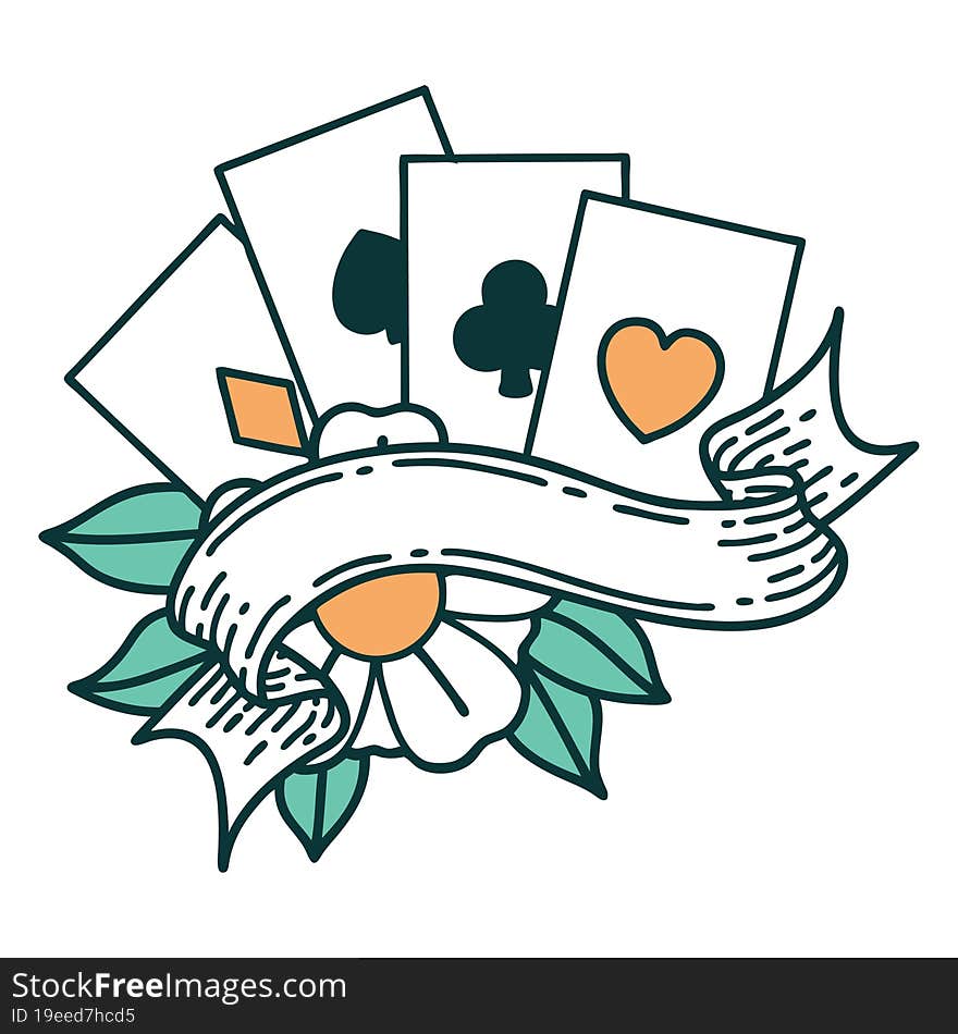 iconic tattoo style image of cards and banner. iconic tattoo style image of cards and banner