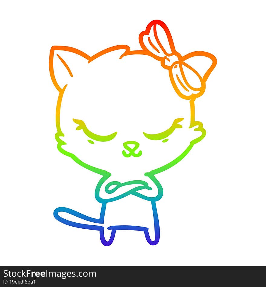 Rainbow Gradient Line Drawing Cute Cartoon Cat With Bow