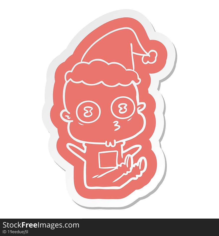 Cartoon  Sticker Of A Weird Bald Spaceman Wearing Santa Hat