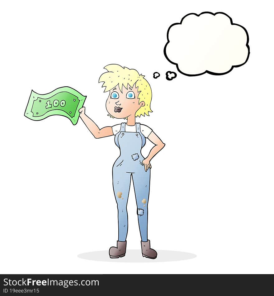 thought bubble cartoon confident farmer woman with money