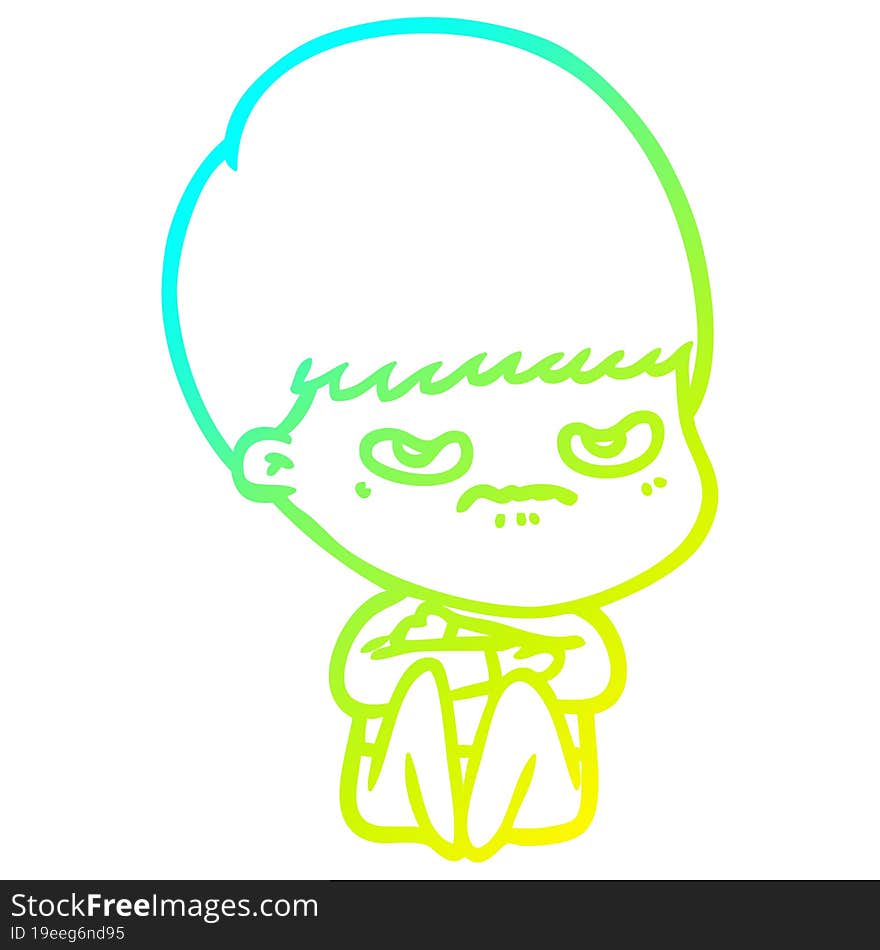 cold gradient line drawing cartoon angry boy sitting