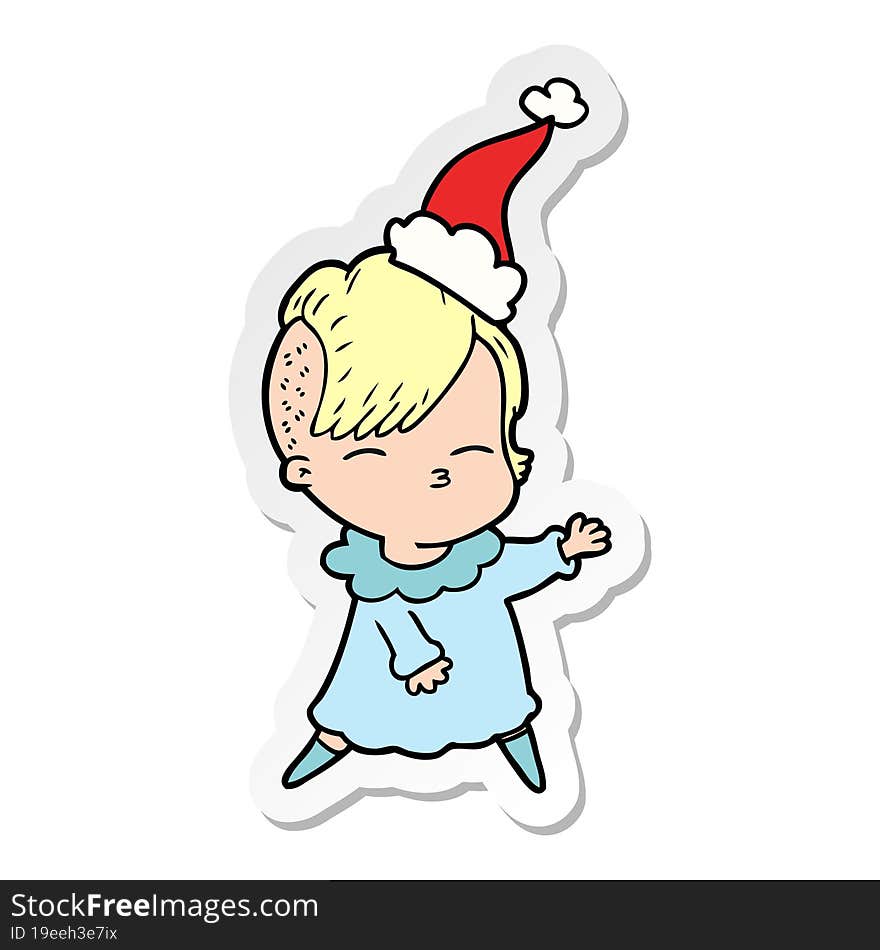 sticker cartoon of a squinting girl wearing santa hat