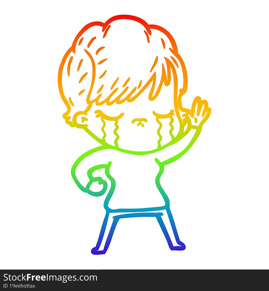 rainbow gradient line drawing of a cartoon woman crying